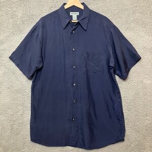 VTG Alfani 100% Silk Button Up Camp Shirt Men M Navy Blue Short Sleeve Beach 90s